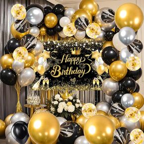 YinQin Black Gold Happy Birthday Party Balloons Set with Filling Pump Black Golden Silver White Happy Birthday Party Supplies Decorations in Saudi Arabia