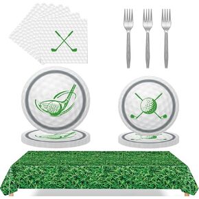 97 Pcs Golf Party Supplies Disposable Tableware Set Serve 24 Guests Include Golf Paper Plates and Napkins Forks Green Grass Field Plastic Tablecloth Birthday Party Decorations Sports Themed