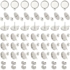 UNICRAFTALE About 60pcs 12mm Round Bezel Earring with Loop Cup Tray Earrings with Ear Nuts Stainless Steel Stud Earring Findings for DIY Jewellery Making Stainless Steel Color