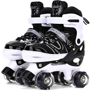 Roller Skates for Boys, Adjustable Size Double Roller Skates, with All Wheels Light up, Fun Illuminating for Girls Boys for Kids, Rollerskates for Kids Beginners (Black)