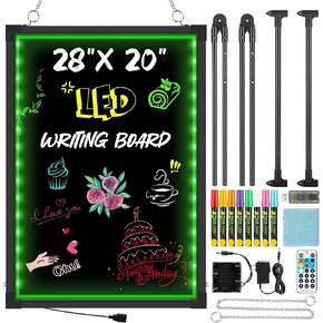 LED Message Writing Board, 28" x 20" Illuminated Erasable Neon Effect Menu Sign Board, with 8 Fluorescent Chalk Markers and Remote Control Drawing Board