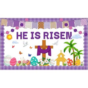 Easter Bulletin Board Decorations, He Is Risen Easter Egg Spring Flower Cutouts with Glue Point religious Christian Jesus Bulletin Board for Classroom School Nursery Office Home Wall Decor
