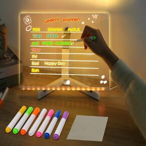 LED Note Board مع ألوان ، وسادة رسم LED مع 7 قلم ملون ، إضاءة لوحة رسائل أكريليك مع حامل قابل للتعديل ، لوحة محو جاف الأكريليك مع الضوء لمدرسة Office Home ، هدية للأطفال (8 "× 8")