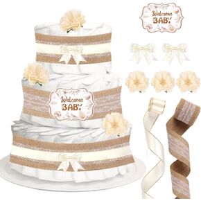 Gender Neutral Diaper Cake Decorations, Baby Shower Birthday Party Diaper Cake Supplies Cream Color, Include Ribbon, Bow Tie, Cake Cards, Artificial Flowers(Diaper Not Included)