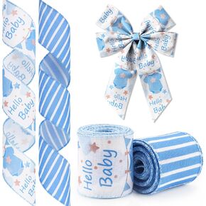 2 Rolls Baby Boy Ribbon for Wreath Diaper Cake Wrapping Gifts, Baby Shower Diaper Cake Ribbon for Gift Wrapping Gender Reveal Party Supplies Decor 2.5" X 10yd Wired Baby Shower Wreath Ribbon in Kuwait