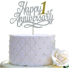 Happy 1st Anniversary Cake Topper - 1st Wedding Anniversary, Company 1st Anniversary, 1st / First Birthday Party Decoration (Double Sided Silver Glitter)
