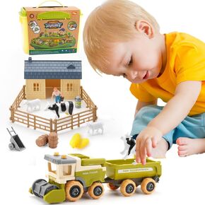 Eaciilee Sandbox Toys - Combine Harvester Truck with Trailer - Farm Sandbox Vehicle with Farm Animal Cows, Lambs - Gifts for Boys, Girls, Kids