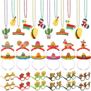 Hotop 72 Pcs Fiesta Party Decorations Mexican Paper Eyeglass Bead Necklaces Sombrero Hat Headbands Donkey Pinatas Cactus Taco Avocado Maracas for Cinco De Mayo Photo Props Supplies