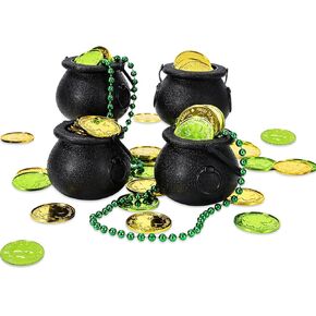Whaline St. Patrick's Day Plastic Witch Cauldron with Handle 200Pcs Gold Green Lucky Shamrock Coin 4Pcs Green Beaded Necklace 4Pcs Leprechaun Pot for Gold Party Favor Supplies Decoration
