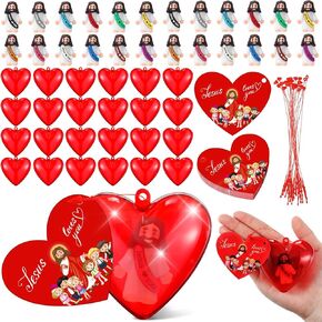 Bememo 24 Pcs Valentine‘s Day Party Favors Filled Heart Box Original Design Mini Rubber Jesus Toy with Valentines Cards and Heart Shaped Boxes for Kids Valentine Exchange School Prize Party Favor