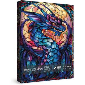 Fantasy Dragon Puzzles for Adults 1000 Pieces, Stained Glass Art Jigsaw Puzzles, Blue Purple Darkness Western Dragon Puzzle