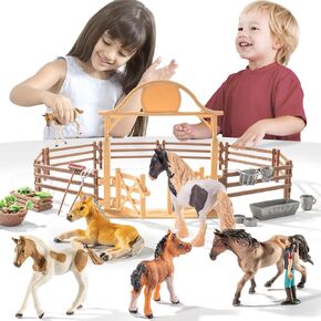 Horses Figurines Toys for Girls and Boys Ages 6-12, 35 PCS Solid Realistic Horse Stable Club Playset Toy for Kids 3 4 5 6 7 8+, Gift Ideas and Birthday Presents with Farm Animals Toys for Kids