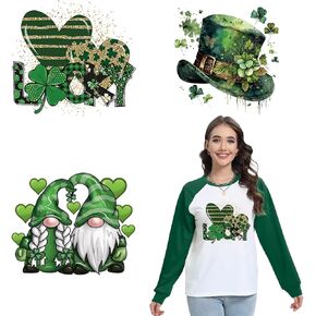 3 Pcs St.Patrick's Day Iron on Transfers Stickers Shamrock Dtf Transfers Ready to Press Green Iron on Patches Heart Hat Cartoon Heat Transfer Green Day Patch Clover Iron on Decals for T Shirts Decor