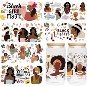 UV DTF Cup Wrap Sticker - 8 Sheets Black Girl Theme UV DTF Transfer for 16 OZ Glass, Personality Girl, Inspirational Quotes, Flower, Monstera Design Rub on Transfer, Gifts for Self, Friends