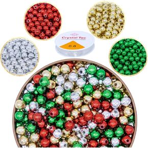 600Pcs Christmas Beads, 8mm Metallic Round Pony Beads with Elastic String Red Green Silver Gold Plastic Craft Beads for Jewelry Making Necklace Bracelet DIY Home Hanging Ornament Supplies (Colorful)