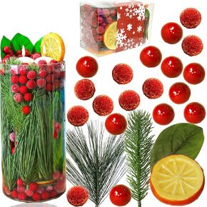 140 Pieces Christmas Vase Filler Artificial Red Berries Balls Faux Pine Needles Stems Tree Decoration Decorative Bowl Fillers for Table Centerpieces…