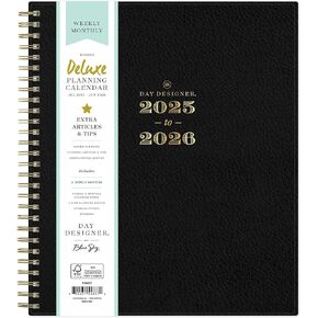 Blue Sky Day Designer 2025-2026 Academic Year Weekly and Monthly Planner Calendar, July 2025 - June 2026, 8" x 10", 12-Month, Faux Leather Cover, Wirebound, Stickers, Deluxe Black