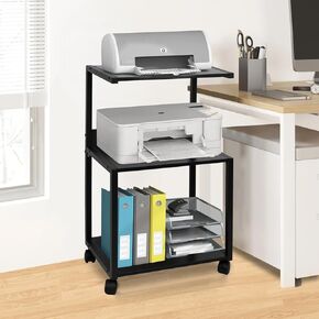 3 Tier Printer Stand with Wheels - 17" L*12" W*29" H Metal and Wood Printer Stand with Shelves, Black Rolling Printer Stand for Home Office, Black Wood Printer Cart, Mobile Printer Stand with Wheels