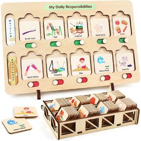 Joyreal Visual Schedule for Kids 3 4 5 6 Years Old, Chores Chart Autism Learning Materials for Home School Classroom, Routine Chart with 75 Wooden Cards and Storage Bag