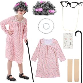 13PCS 100 Days of School Costume Girls Old Lady Costume Kids Grandma Dress Granny Costume Outfit