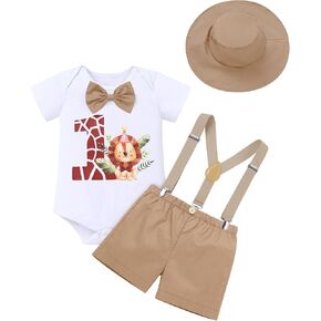 IMEKIS Baby Boys 1st Birthday Outfit Jungle Safari Animals Romper Suspenders Shorts Hat 4PCS Cake Smash Photo Shoot