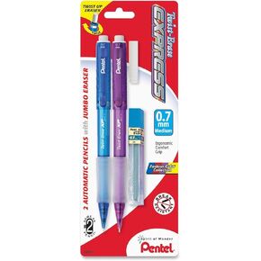 Pentel Twist-Erase EXPRESS Automatic Pencil with Lead and Eraser, 0.7mm, Assorted Barrels, 2 Pack (QE417FLEBP2)