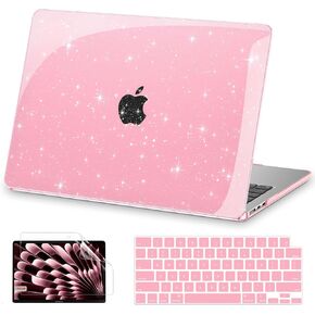AKIT Compatible with MacBook Air 13 Inch Case Glitter 2025 2024-2022 M3 A3113 M2 A2681, Unique Shiny Hard Shell Laptop Case + Screen Protector + Keyboard Cover for Mac Air 13.6 Inch, Sparkly Hot Pink