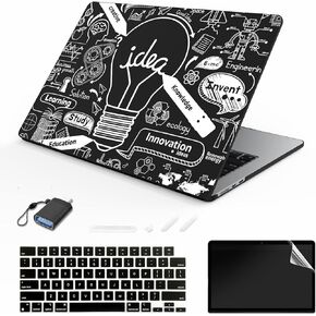 SanMuFly for MacBook Air 13.6 inch Case 2022 Release Model A2681 M2 Chip with Liquid Retina Display, Black Matte Hard Shell & Screen Protector & Keyboard Skin Cover, Silver Creative Bulb