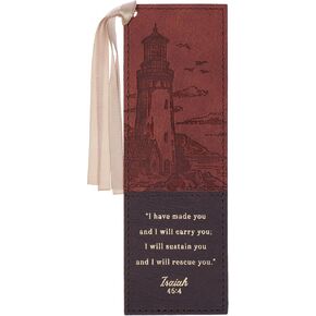 Christian Art Gifts Premium Vegan Leather Inspirational Scripture Bookmark for Men & Women: I Will Carry You Encouraging Bible Verse, Heat-Debossed, Satin Ribbon, Lighthouse Ocean Theme, Brown & Gold
