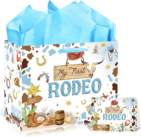 EoBeCy My First Rodeo Birthday Gift Bags, Western Cowboy 1st Birthday Gift Bag with Tissue Paper and Greeting Card, Baby Boy Wrapping Paper for 1 Year Old Birthday Party Supplies in Kuwait