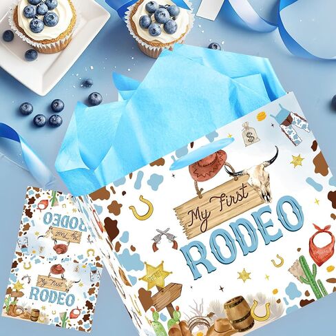 EoBeCy My First Rodeo Birthday Gift Bags, Western Cowboy 1st Birthday Gift Bag with Tissue Paper and Greeting Card, Baby Boy Wrapping Paper for 1 Year Old Birthday Party Supplies in Kuwait