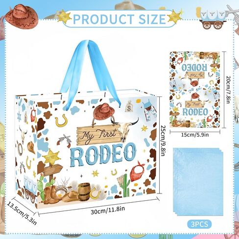 EoBeCy My First Rodeo Birthday Gift Bags, Western Cowboy 1st Birthday Gift Bag with Tissue Paper and Greeting Card, Baby Boy Wrapping Paper for 1 Year Old Birthday Party Supplies in Kuwait