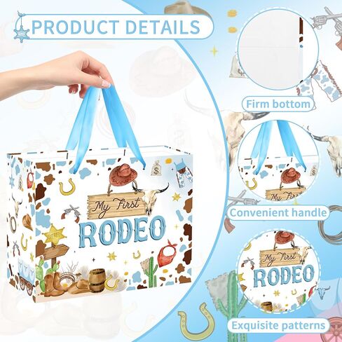 EoBeCy My First Rodeo Birthday Gift Bags, Western Cowboy 1st Birthday Gift Bag with Tissue Paper and Greeting Card, Baby Boy Wrapping Paper for 1 Year Old Birthday Party Supplies in Kuwait