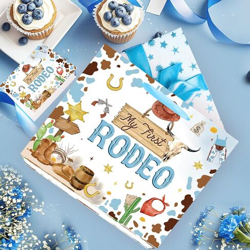 EoBeCy My First Rodeo Birthday Gift Bags, Western Cowboy 1st Birthday Gift Bag with Tissue Paper and Greeting Card, Baby Boy Wrapping Paper for 1 Year Old Birthday Party Supplies in Kuwait