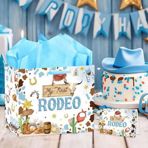 EoBeCy My First Rodeo Birthday Gift Bags, Western Cowboy 1st Birthday Gift Bag with Tissue Paper and Greeting Card, Baby Boy Wrapping Paper for 1 Year Old Birthday Party Supplies in Kuwait