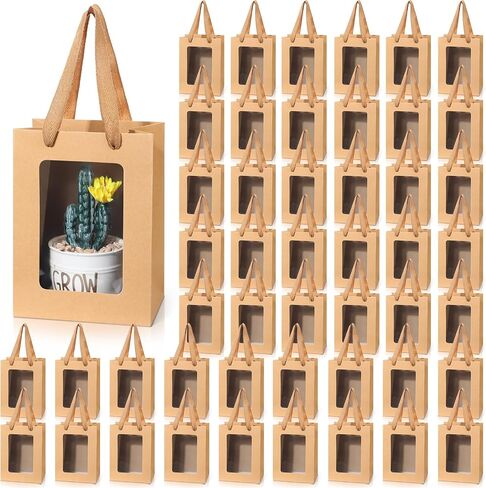 Harloon 48 Pieces Paper Gift Bag with Transparent Window Clear 7.9 x 5.9 x 3.9 Inch Kraft Bags with Handles for Bridal Mothering Birthday Shower Party Supplies(Brown) in Saudi Arabia