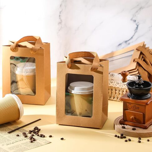 Harloon 48 Pieces Paper Gift Bag with Transparent Window Clear 7.9 x 5.9 x 3.9 Inch Kraft Bags with Handles for Bridal Mothering Birthday Shower Party Supplies(Brown) in Saudi Arabia
