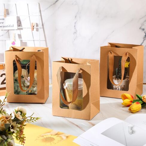 Harloon 48 Pieces Paper Gift Bag with Transparent Window Clear 7.9 x 5.9 x 3.9 Inch Kraft Bags with Handles for Bridal Mothering Birthday Shower Party Supplies(Brown) in Saudi Arabia