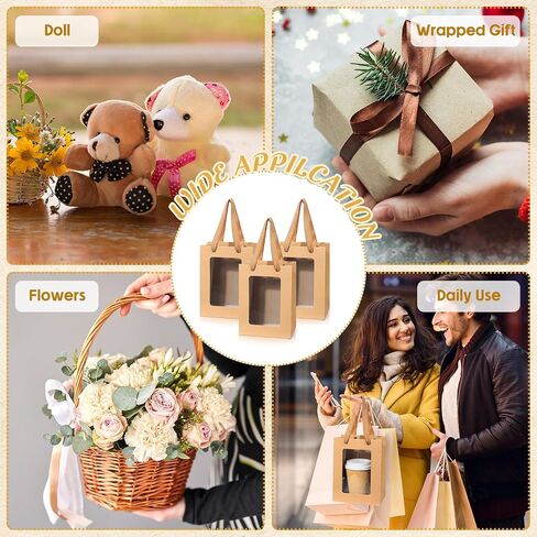 Harloon 48 Pieces Paper Gift Bag with Transparent Window Clear 7.9 x 5.9 x 3.9 Inch Kraft Bags with Handles for Bridal Mothering Birthday Shower Party Supplies(Brown) in Saudi Arabia