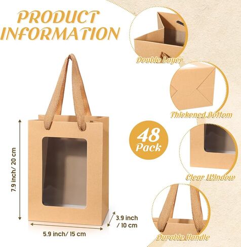 Harloon 48 Pieces Paper Gift Bag with Transparent Window Clear 7.9 x 5.9 x 3.9 Inch Kraft Bags with Handles for Bridal Mothering Birthday Shower Party Supplies(Brown) in Saudi Arabia