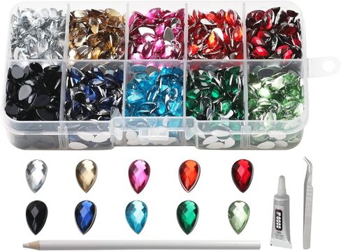 PAMIR TONG 2200pcs 5*8mm Waterdrop Shape Craft Gems Jewels Acrylic Flatback Rhinestones Gemstone with Tweezers Glue Picking pen for Bead Adhesive Jewelry Making Phone case Nail Art (Small Waterdrop) in Saudi Arabia