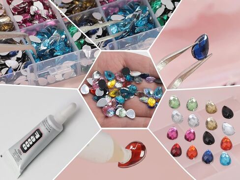PAMIR TONG 2200pcs 5*8mm Waterdrop Shape Craft Gems Jewels Acrylic Flatback Rhinestones Gemstone with Tweezers Glue Picking pen for Bead Adhesive Jewelry Making Phone case Nail Art (Small Waterdrop) in Saudi Arabia