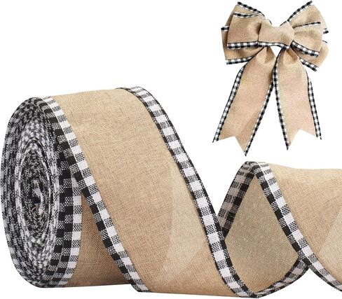 joycraft Buffalo Plaid Wired Edge Ribbons, Christmas Burlap Fabric Ribbon Roll with Checkered Edge, 2.5" x 11 Yds Burlap Ribbon for Christmas Party Decor, Gift Wrapping(Black + White) in Saudi Arabia