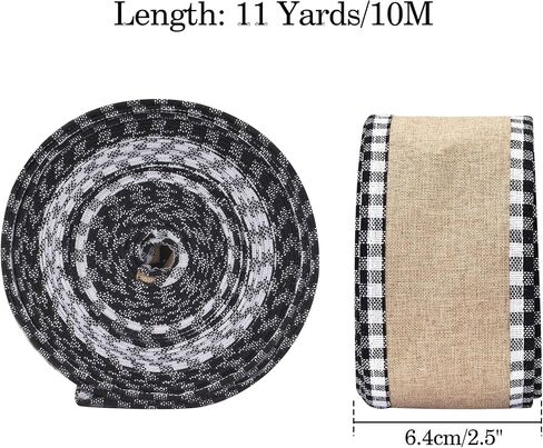 joycraft Buffalo Plaid Wired Edge Ribbons, Christmas Burlap Fabric Ribbon Roll with Checkered Edge, 2.5" x 11 Yds Burlap Ribbon for Christmas Party Decor, Gift Wrapping(Black + White) in Saudi Arabia