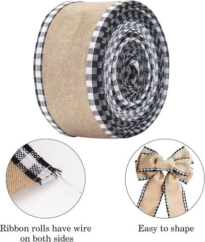 joycraft Buffalo Plaid Wired Edge Ribbons, Christmas Burlap Fabric Ribbon Roll with Checkered Edge, 2.5" x 11 Yds Burlap Ribbon for Christmas Party Decor, Gift Wrapping(Black + White) in Saudi Arabia
