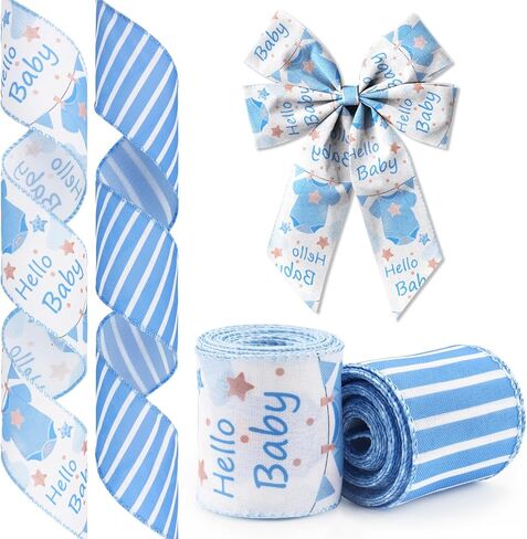 2 Rolls Baby Boy Ribbon for Wreath Diaper Cake Wrapping Gifts, Baby Shower Diaper Cake Ribbon for Gift Wrapping Gender Reveal Party Supplies Decor 2.5" X 10yd Wired Baby Shower Wreath Ribbon in Kuwait