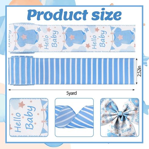 2 Rolls Baby Boy Ribbon for Wreath Diaper Cake Wrapping Gifts, Baby Shower Diaper Cake Ribbon for Gift Wrapping Gender Reveal Party Supplies Decor 2.5" X 10yd Wired Baby Shower Wreath Ribbon in Kuwait