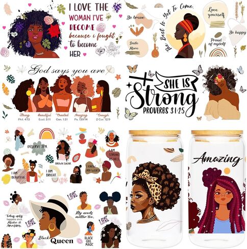 UV DTF Cup Wrap Sticker - 8 Sheets Black Girl Theme UV DTF Transfer for 16 OZ Glass, Personality Girl, Inspirational Quotes, Flower, Monstera Design Rub on Transfer, Gifts for Self, Friends in Saudi Arabia