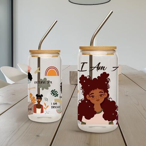 UV DTF Cup Wrap Sticker - 8 Sheets Black Girl Theme UV DTF Transfer for 16 OZ Glass, Personality Girl, Inspirational Quotes, Flower, Monstera Design Rub on Transfer, Gifts for Self, Friends in Saudi Arabia