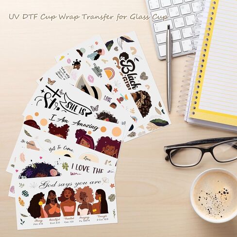 UV DTF Cup Wrap Sticker - 8 Sheets Black Girl Theme UV DTF Transfer for 16 OZ Glass, Personality Girl, Inspirational Quotes, Flower, Monstera Design Rub on Transfer, Gifts for Self, Friends in Saudi Arabia